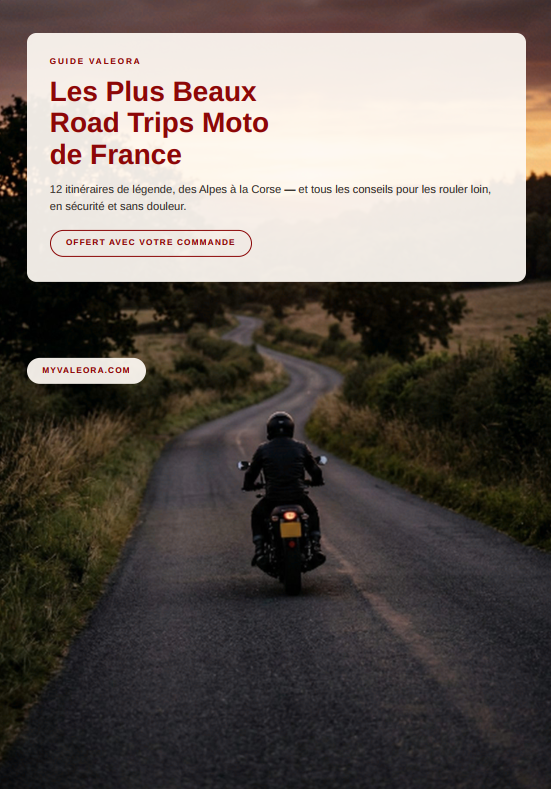 Couverture du guide Valeora Les plus beaux road trips moto de France, avec un motard sur une route de campagne