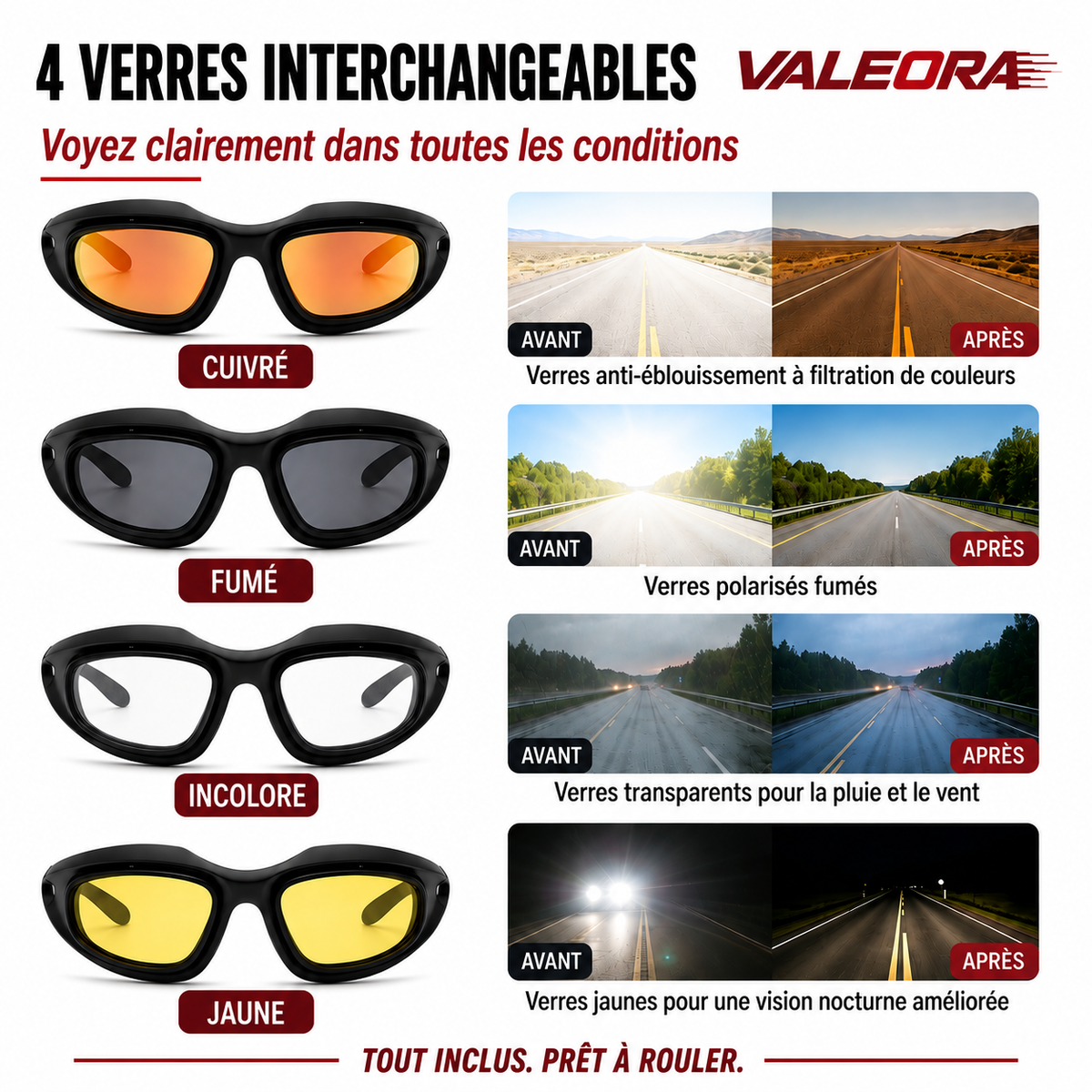 Lunettes Moto Anti-Reflet Valeora – Kit 4 Verres