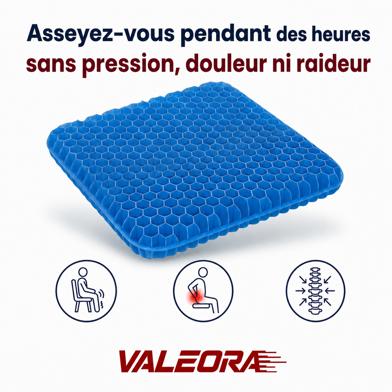 Coussin de siège 100% gel Valeora – confort sans pression ni douleur