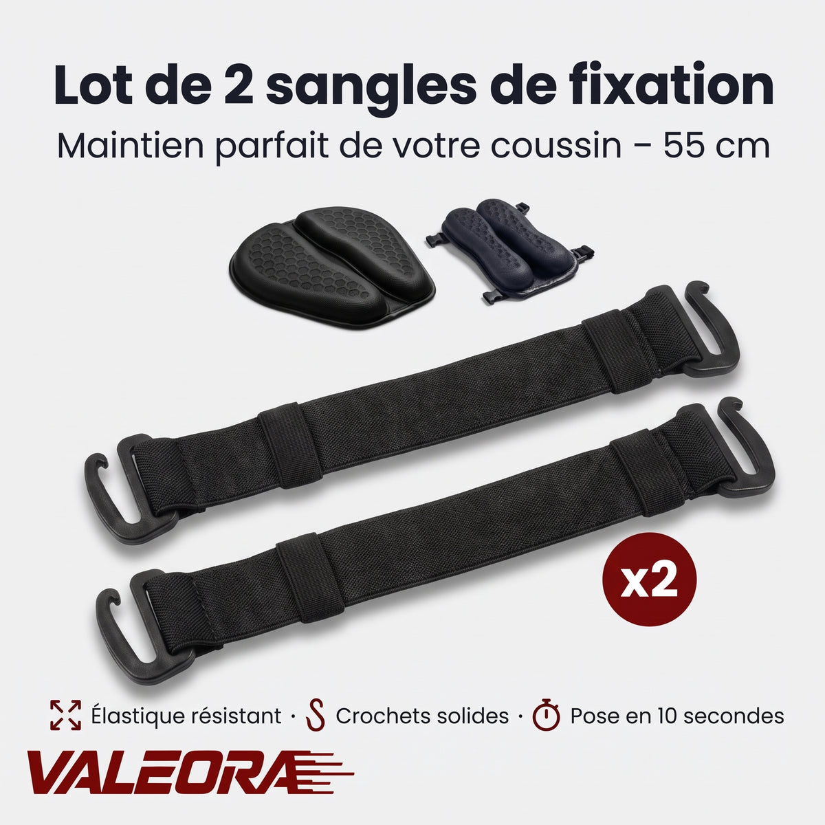 Lot de 2 sangles de fixation pour coussin conducteur / passager – 55 cm