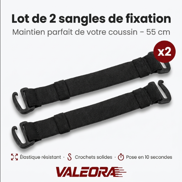 Deux sangles élastiques noires Valeora de 55 cm avec crochets pour coussin conducteur ou passager
