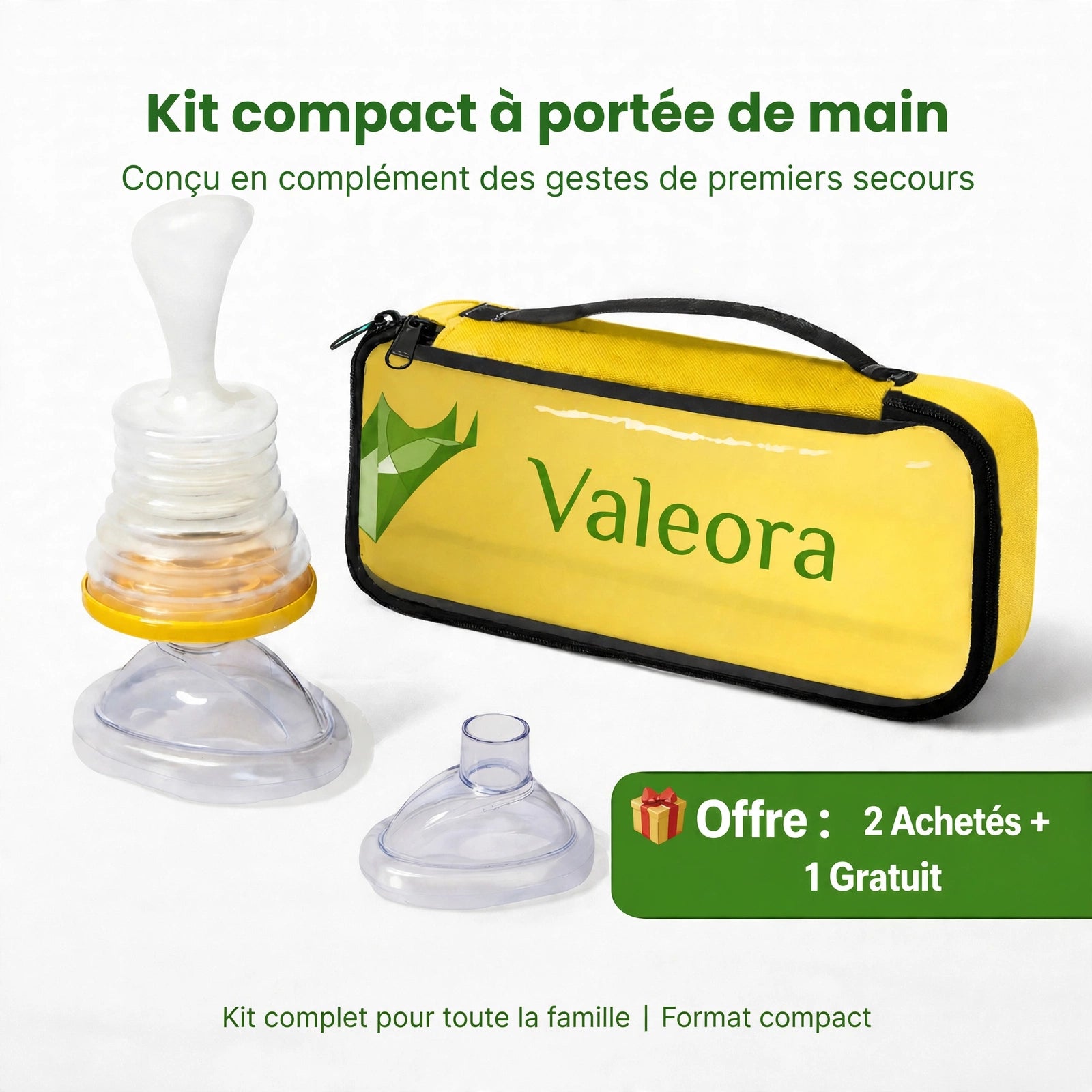 Kit de premiers secours anti-étouffement VALEORA avec pochette jaune compacte et masques d'aspiration adulte et enfant