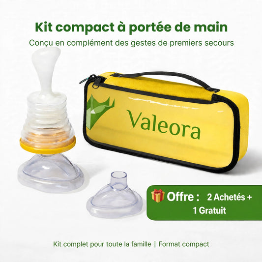 Kit de premiers secours anti-étouffement VALEORA avec pochette jaune compacte et masques d'aspiration adulte et enfant